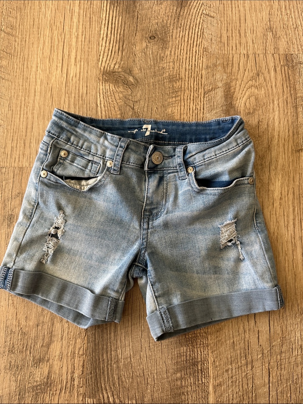 7 For All Mankind Light Blue Distressed Denim Shorts
